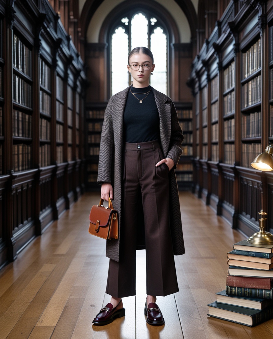 Dark academia library outfit with burgundy lug-sole loafers, herringbone coat and wide-leg culottes