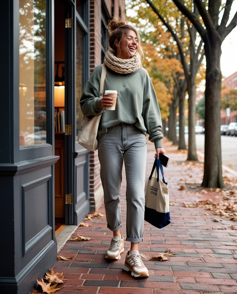 Cozy coffee run college outfit with chunky retro sneakers, sage green sweatshirt and grey mom jeans