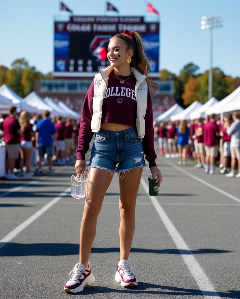 Gameday tailgate college outfit with chunky color-block sneakers, puffer vest and denim cutoff shorts