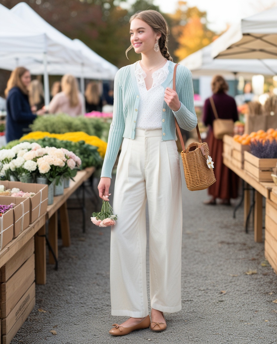Farmer's market weekend college outfit with tan bow ballet flats, blue cardigan and cream wide-leg trousers