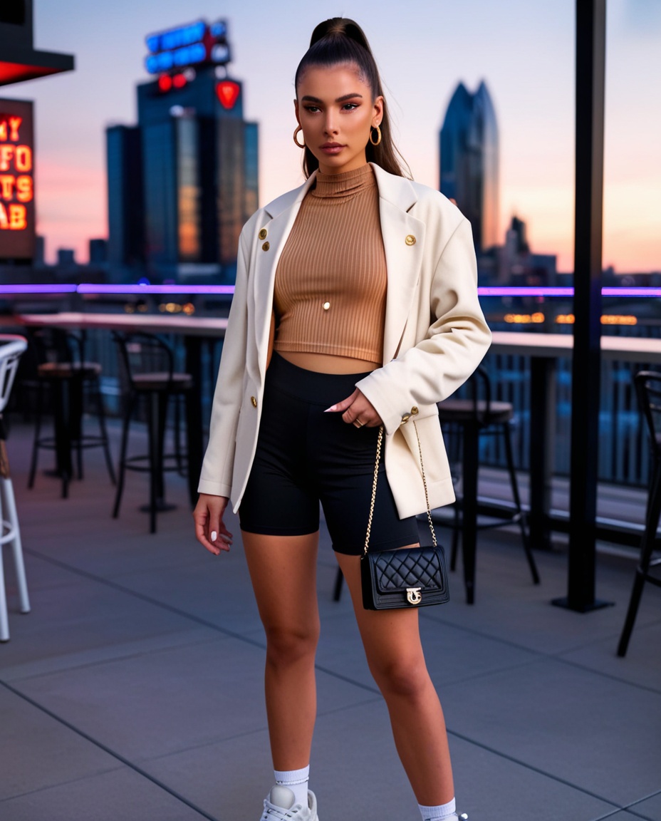 Elevated athleisure sports bar outfit with cream blazer, biker shorts, chunky sneakers, and mini quilted bag