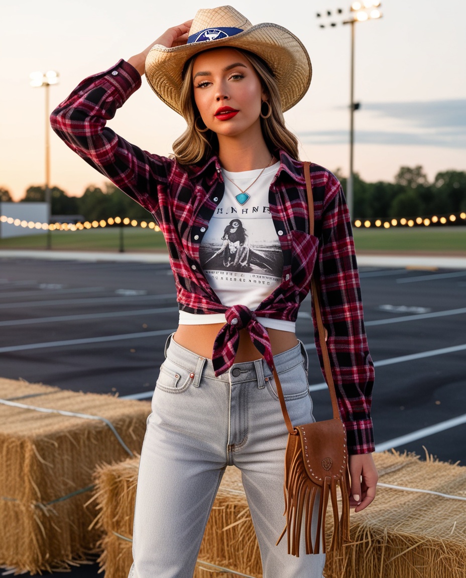 Western game day outfit with tied red flannel, graphic tee, cowboy hat, and fringe leather crossbody bag