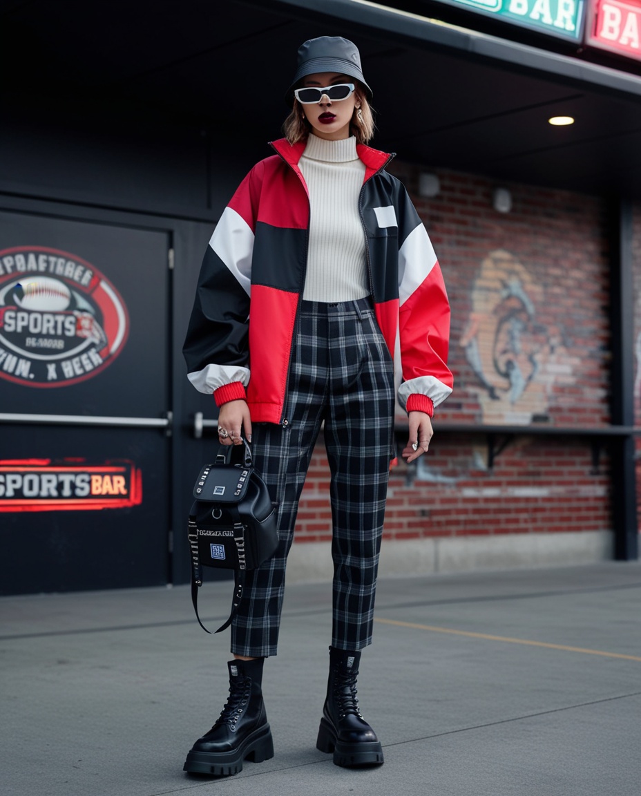 Streetwear game day outfit with color-block windbreaker, plaid trousers, combat boots, and black mini bag