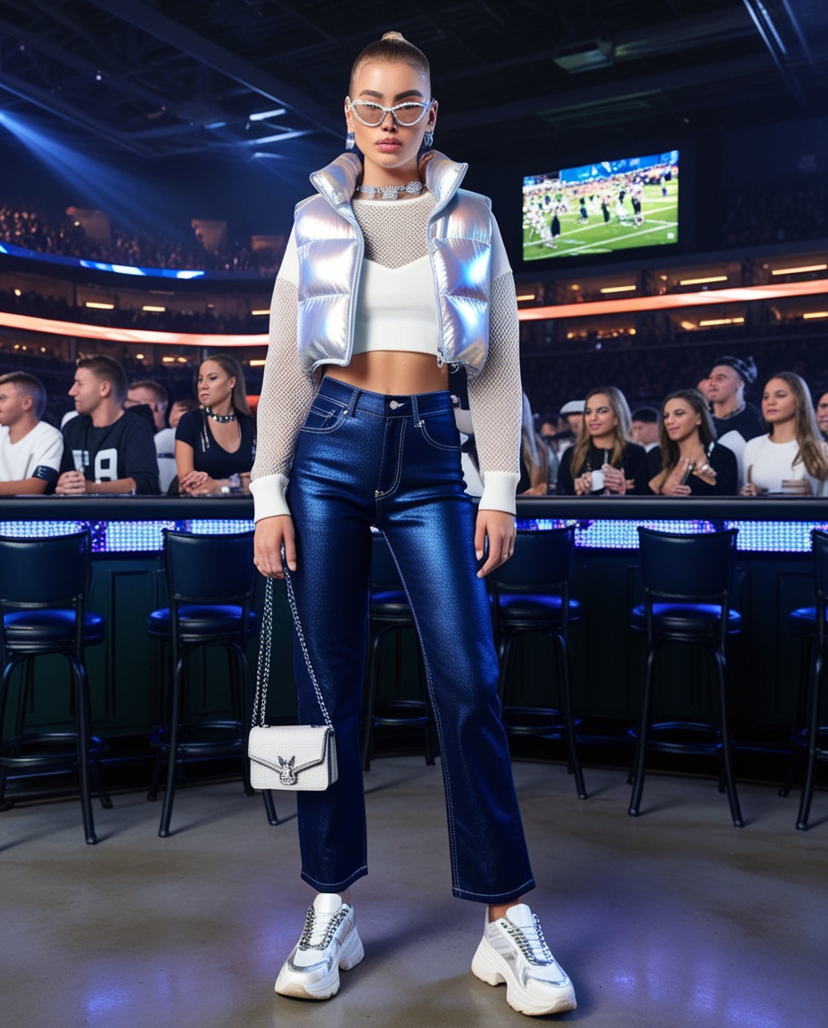 Glam arena game day outfit with silver holographic puffer vest, mesh top, glossy navy jeans, and crystal accessories