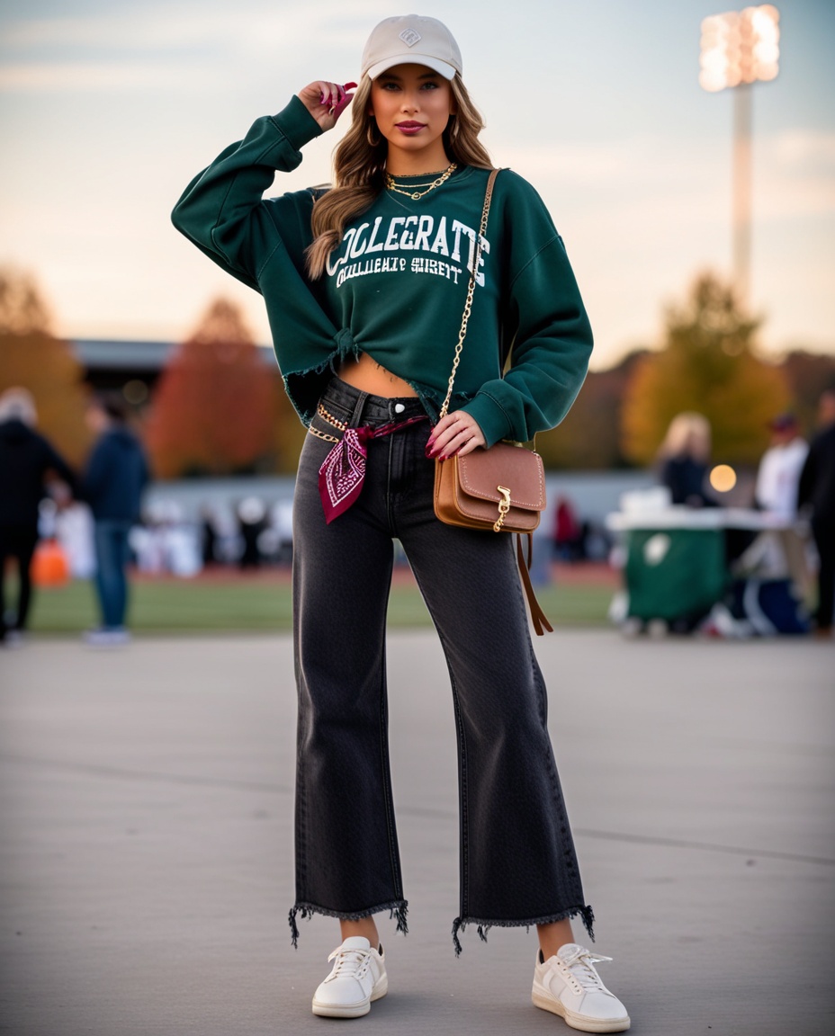 Collegiate game day sweatshirt outfit with wide-leg jeans, baseball cap, and white retro sneakers for women